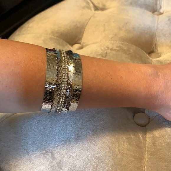 Silver colored cuff bracelet w double crystal rows - Picture 6 of 7